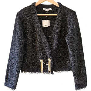 NWT Zara Metallic Thread Knit Cropped Open Cardigan Jacket Black Size Medium.
